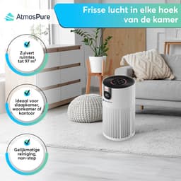 AtmosPure® CleanAir Luchtreiniger - Air Purifier met vervangbaar HEPA 13 + Koolstof filter - CADR 250 m³/h - Wit - Voor 98 m² - Filtert pollen, huisstofmijtallergenen en fijnstof - 3 standen + stille slaapstand - Luchtkwaliteit Sensor — thumbnail 3