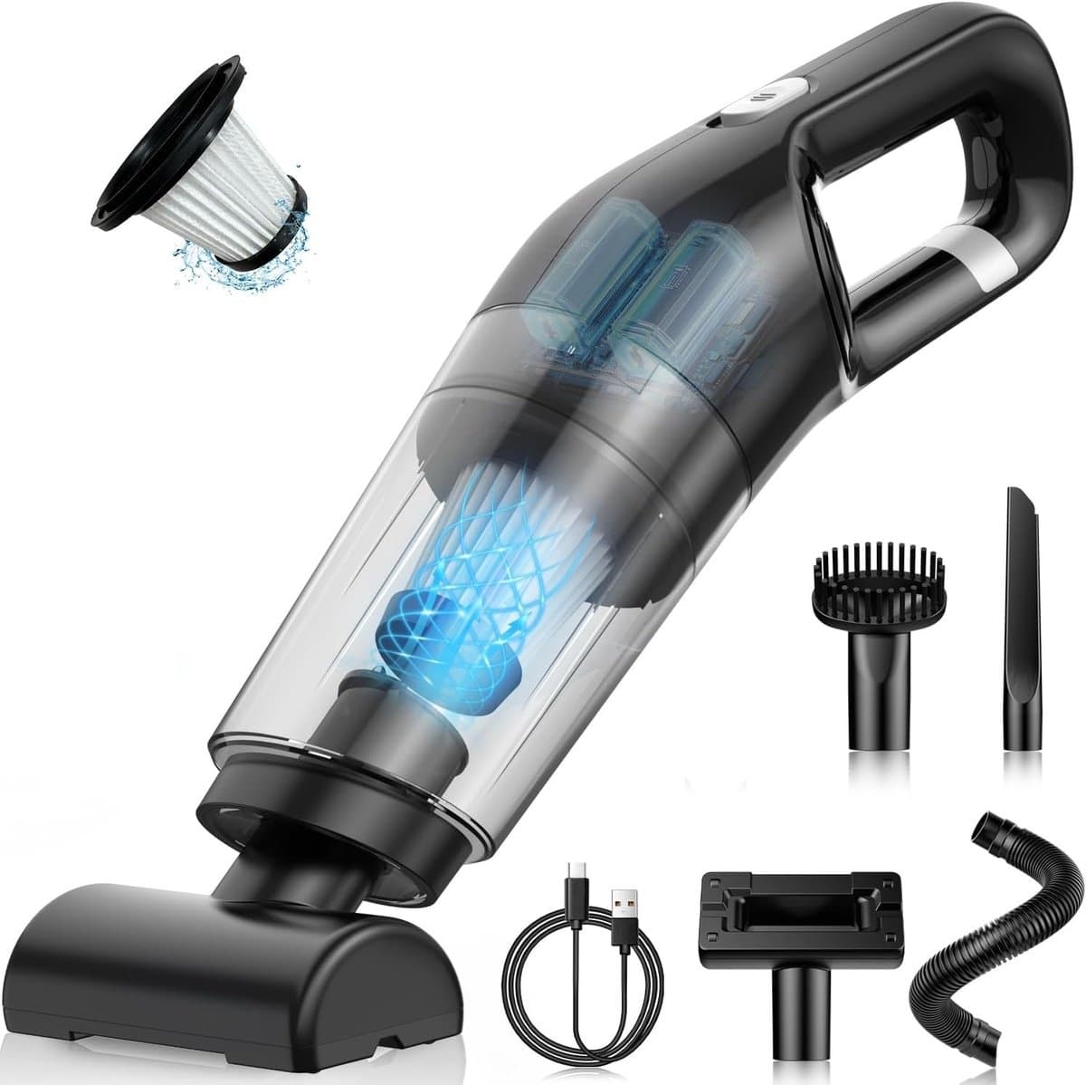 Sterke handstofzuiger, 10000 Pa mini handstofzuiger voor in de auto, multifunctioneel, lichtgewicht, draagbare autostofzuiger, draadloos met 3 HEPA-filters, batterij, natte en droge handen — afbeelding 1
