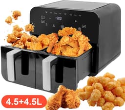 Dubbele Airfryer - 2 Manden - 9 L inhoud - Twee kookzones - Kijkvenster - Kleur Zwart - Heteluchtfriteuse - Hete Lucht Oven - 37,9×36×31cm — thumbnail 2