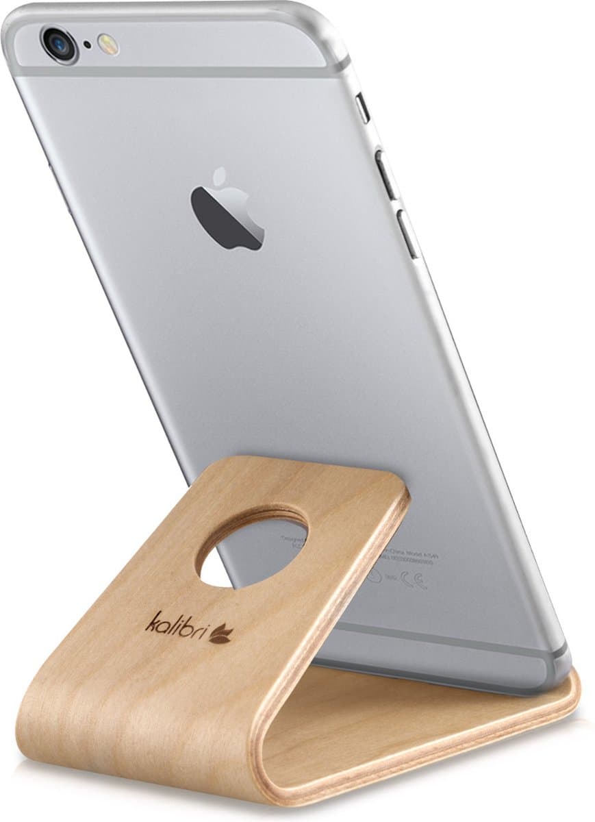 kalibri standaard voor mobiele telefoons - Universele standaard - Voor smartphones en tablets - Antislip - Berkenhout - Lichtbruin — afbeelding 1