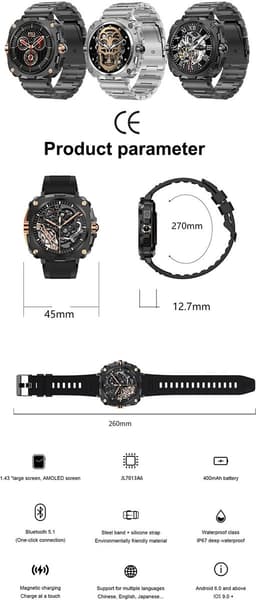 WizBay Premium Select® 1.43inch AMOLED Screen Smartwatch Dames Heren - Android en iOS - Bluetooth Call - 02 Zuurstof - Bloedruk - Dynamic Hartslag & Slaap Monitor - Message - Magnetic Laden - Smartwatches - Zilver met rvs Zilveren Band — thumbnail 3
