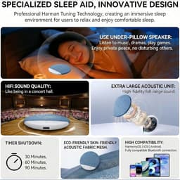 Slaapsprekers - Bluetooth - Ultra Dun (1.1 cm) - Kussen Speaker met Timer - 20-48 uur Accu - Witte Ruis - Voor Beter Slapen - Draadloos - Blauw — thumbnail 7