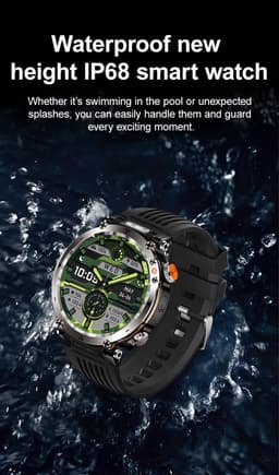 Knobbout 1.7" Outdoor Smartwatch – Digitale Kompas - LED & UV Licht -600mAh batterij - Bluetooth Bellen- IP68 Waterdicht -AI Spraakassistent - Gezondheid & Sportfuncties -Zwart staal + Siliconen Band — thumbnail 14