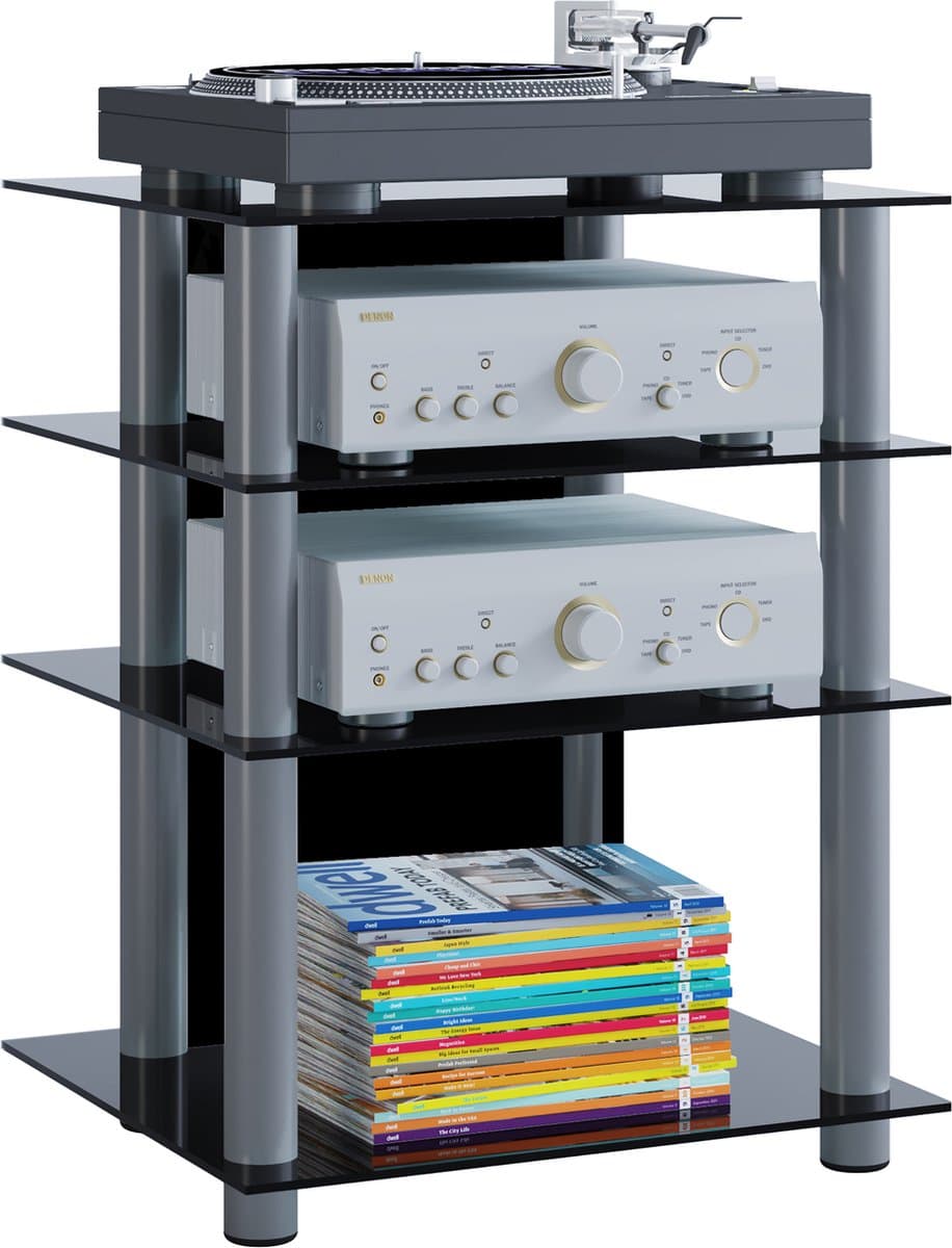 VCM hifi-kasten, platenspelerkast, stereokast, hifi-rekken, routerstandaard, hifi-rekken en -standaards, witte platenspelerstandaard, draaitafelstandaard met opbergruimte voor vinylplaten, platenspelermeubel, glazen tv-meubel, mediameubel — afbeelding 1