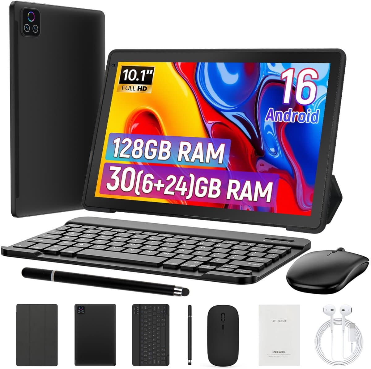 Hotlight C108 - Android 16 Tablet - 10.1 inch - 30(6+24)GB RAM/128GB ROM - Gemini AI - Wifi 6 - Met Toetsenbord, Muis, Oordopjes & Bescherming – Zwart — afbeelding 1