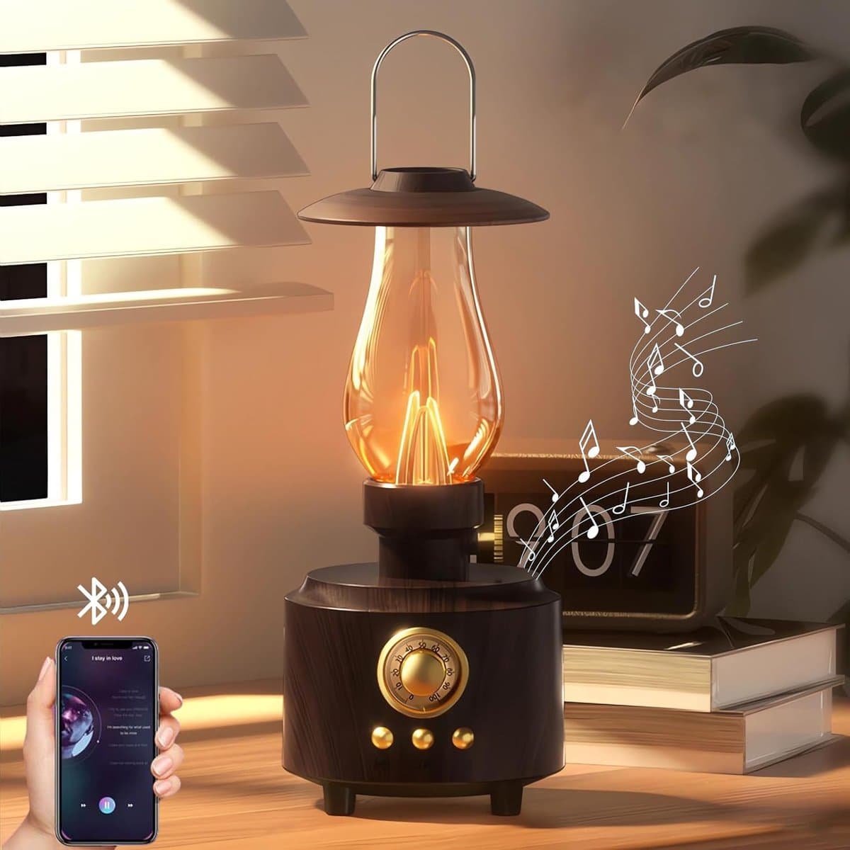 Vintage Petroleum Tafellamp met Bluetooth Luidspreker - Oneindig Dimbaar Oplaadbaar LED Licht voor Slaapkamer - IPX4 Waterdicht Nachtlampje voor Kamperen & Feest - Houtnerf - Woondecoratie Cadeau - 1 Stuk — afbeelding 1