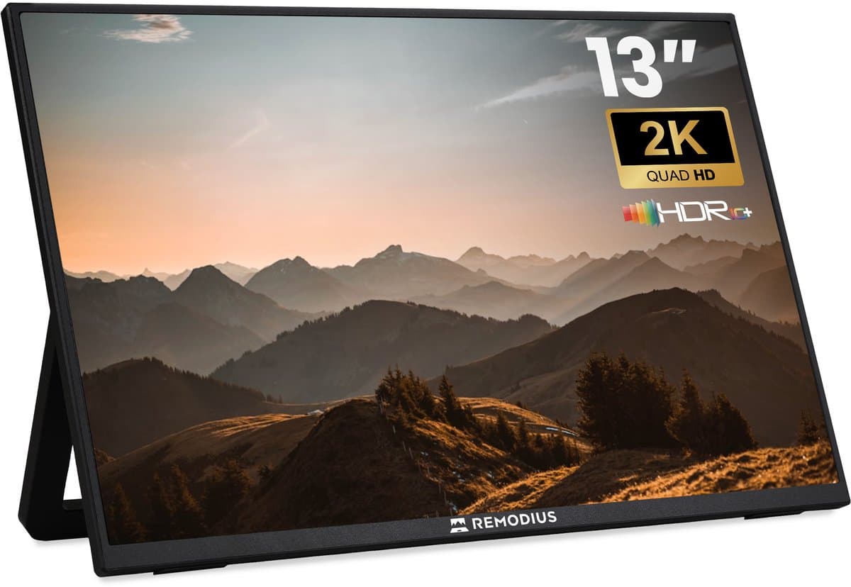 Remodius® Portable Monitor - 13 Inch 2K - Ultralicht en Superdun - Draagbare Monitor voor Laptop met Ingebouwde Kick-Stand - USB-C & Mini HDMI - Extra Tweede Scherm - Plug & Play — afbeelding 1