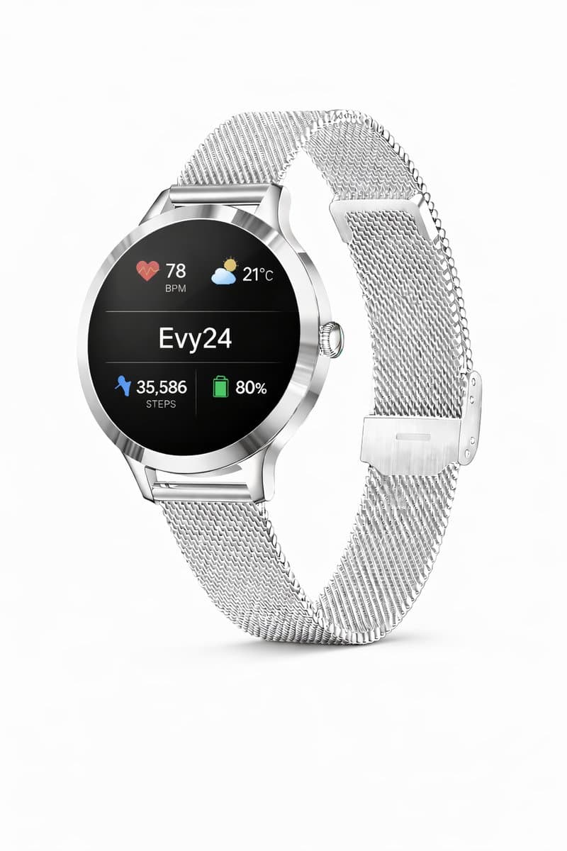 Evy24 Smartwatch Dames 35mm - AMOLED Smartwatch Horloge - Stappenteller - Slaapmonitor - Saturatiemeter - Bluetooth Bellen - Fitness Tracker voor Android & iOS - Zilver — afbeelding 1