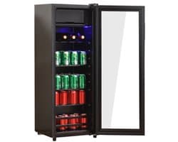 128lmini koelkast, 8l kast+120L koelkast, bevat 94 doses limonade, water, bier of wijn. Ruis -laag werking, compressor koelsysteem, energie -efficiënt, verstelbare planken, blauw