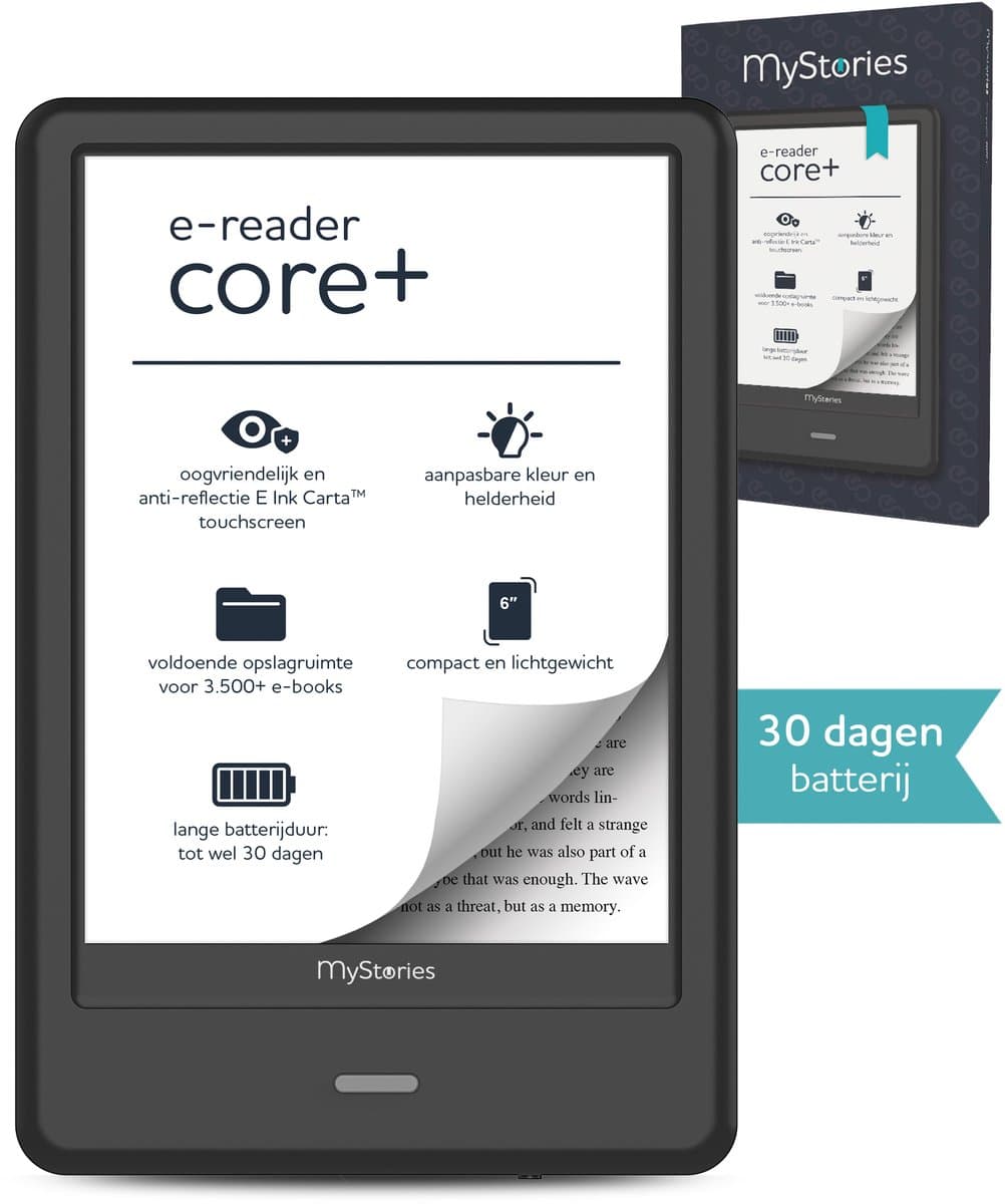 MyStories E-reader Core+ - 6 inch touchscreen - Tot 36GB opslag voor 3.500 ebooks - Schermverlichting - E-book reader - Zwart - Niet compatibel met Kobo Plus abonnement — afbeelding 1