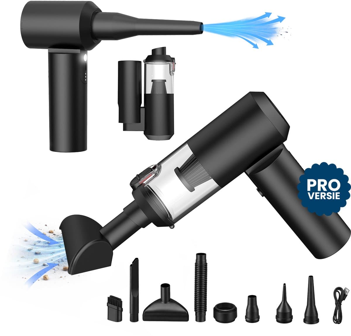 CarMe 2-in-1 Auto Stofzuiger Pro - Zuigen & Blazen - Kruimeldief - 8 Opzetstukken - Oplaadbaar - Handstofzuiger - Air Duster - Zwart — afbeelding 1