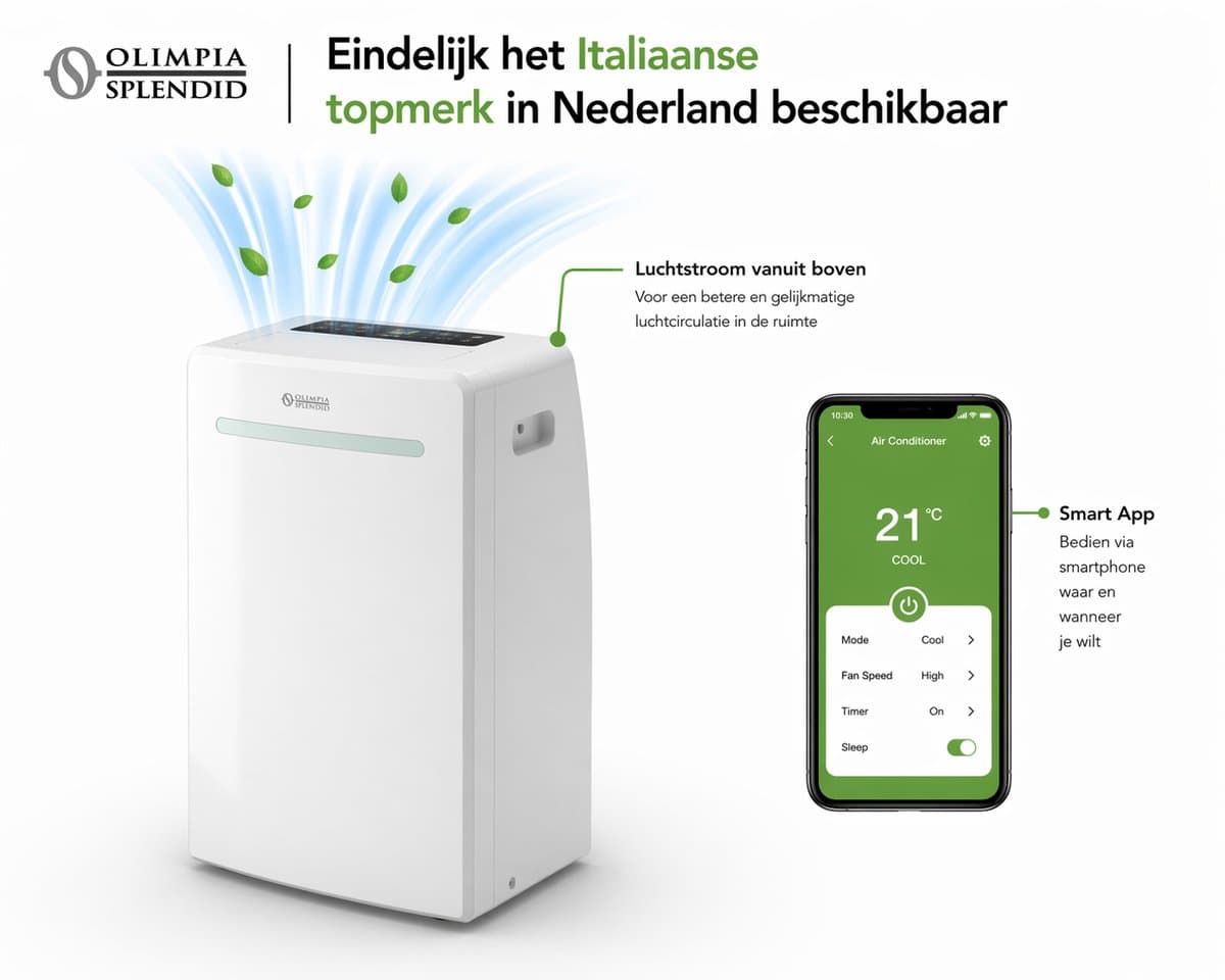 Stille Mobiel Airco 10.000 BTU – WiFi – HEPA Luchtfilter – Design Airco voor Slaapkamer & Woonkamer – Olimpia Splendid AIRA 10 — afbeelding 1