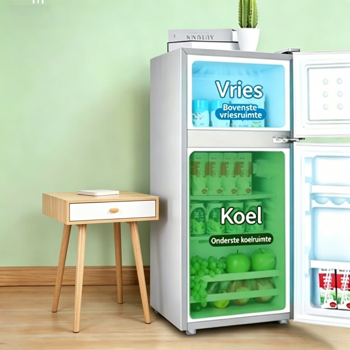43L Mini-koelkast met dubbele deur heeft een vriesvak Dankzij het compacte formaat is hij ruimtebesparend en daardoor geschikt voor slaapkamers woonkamers keukens kantoren of studentenkamers — afbeelding 1