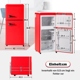 Retro koelkast. Freezer -combinatie. 88,8 cm hoog, 45,5 cm breed, twee dader, met een totaal van 60 liter totaal volume, 22 liter vriezervolume. 102 kWh/jaar, -27 ° C ∽ 13 ° C, LED -licht. Premium rode energieklasse E — thumbnail 3
