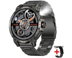 Knobbout 1.85 inch HD Sport Smartwatch - 760mAh Battery -Voorzien van GPS, AI-assistent & Bluetooth-bellen -Alles-in-één: Gezondheid, sport, communicatie & lifestyle-Stijlvol, slim en volledig aanpasbaar aan jouw leven-Zwart staal+ rubber horlogeband
