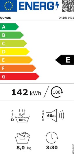Qonos Warmtepompdroogkast DR1098435– 8kg – Energieklasse E – 16 Programma’s – Stil & Efficiënt – Roestvrijstalen Trommel – Zwarte Deur — thumbnail 2