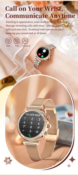 Knobbout Luxe Dames Smartwatch 1.27” met Kristallen – Bluetooth Bellen – HD Touchscreen – Hartslag, Bloeddruk & SpO₂ Monitoring – Vrouwelijke Gezondheidsfuncties – AI spraakassistent– IP68 Waterdicht – Zilver stalen band — thumbnail 2