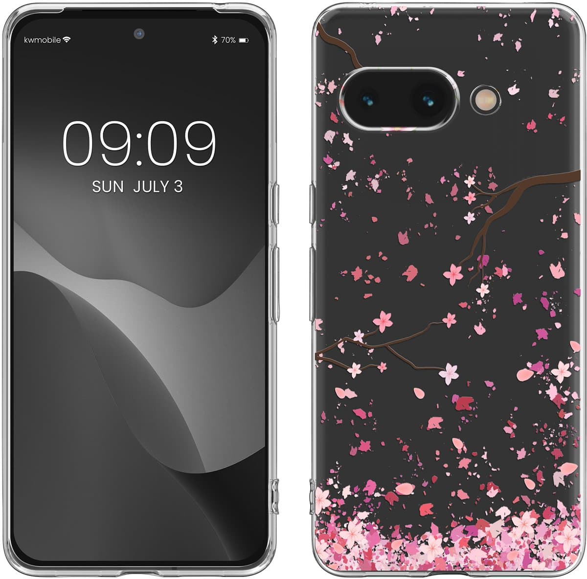 kwmobile telefoonhoesje geschikt voor Google Pixel 9a - Hoesje voor smartphone in poederroze / donkerbruin / transparant - Kersenbloesembladeren design — afbeelding 1