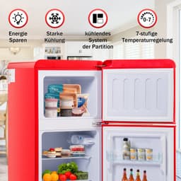 Retro koelkast. Vriescombinatie. 88,8 cm hoog, 45,5 cm breed, tweedeurs, met een totaal volume van 60 liter, een vriescapaciteit van 22 liter. 102 kWh/jaar, -27 °C ∽ 13 °C, ledverlichting. Premium rood, energieklasse E. — thumbnail 10