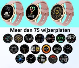 Belesy® BQSiRgPk Pro - Smartwatch Dames – Smartwatch Heren - Horloge - 1.28 inch - Kleurenscherm - Stappenteller - Bloeddruk - Hartslag - 75+ Wijzerplaten – Sporten – Goud – Siliconen – Roze – extra polsband Milanees goud - Kerstcadeau — thumbnail 3