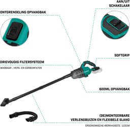 VONROC Krachtige accu steelstofzuiger – VPower 20V – Excl. accu & oplader – 0.6L opvangbak - Incl. 3 mondstukken, 2 verlengbuizen en flexibele slang — thumbnail 4