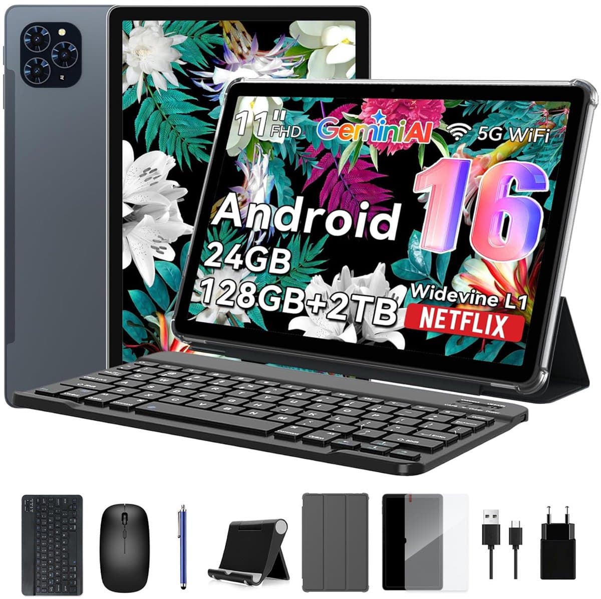 KINGRID T90 Tablet - Gemini AI - 24GB RAM - 128GB ROM - Met Toetsenbord - Android 16 - 8000mAh - Octa Core T615 - 5G WiFi - Widevine L1 - GPS - Grijs — afbeelding 1