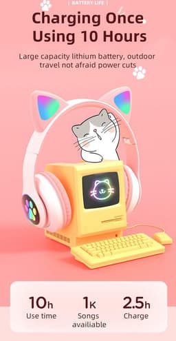 kinder hoofdtelefoon draadloos - Cat Headphone - Draadloze koptelefoon Bluetooth met led kattenoortjes blauw | Koptelefoon voor Kinderen - Met Led Kat Oortjes | met verlichting poot — thumbnail 5