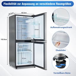 Sweiko 106L Tweezonige Energiebesparende Koelkast, 60L Koelkast + 46L 4-Sterrenvriezer, 7-Temperatuurinstellingen, 45 dB, Geborsteld Grijs-Zilver, LED verlichting, verstelbare planken, 166 kWh/Jaar — thumbnail 7