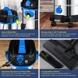 MASKO® Alleszuiger Nat- en Droogzuiger 1800W + stopcontact, Blaasfunctie, Droog- & natzuigen | Industriële stofzuiger vuilreservoir 30L Bouwstofzuiger - Blauw — thumbnail 8