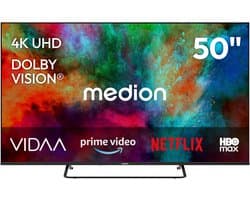MEDION 125.7 cm 50" Ultra HD TV Smart TV Dolby Vision HDR Dolby Atmos VIDA Store Prime Video Disney+ DAZN HbbTV PVR Bluetooth HD+, MD850302