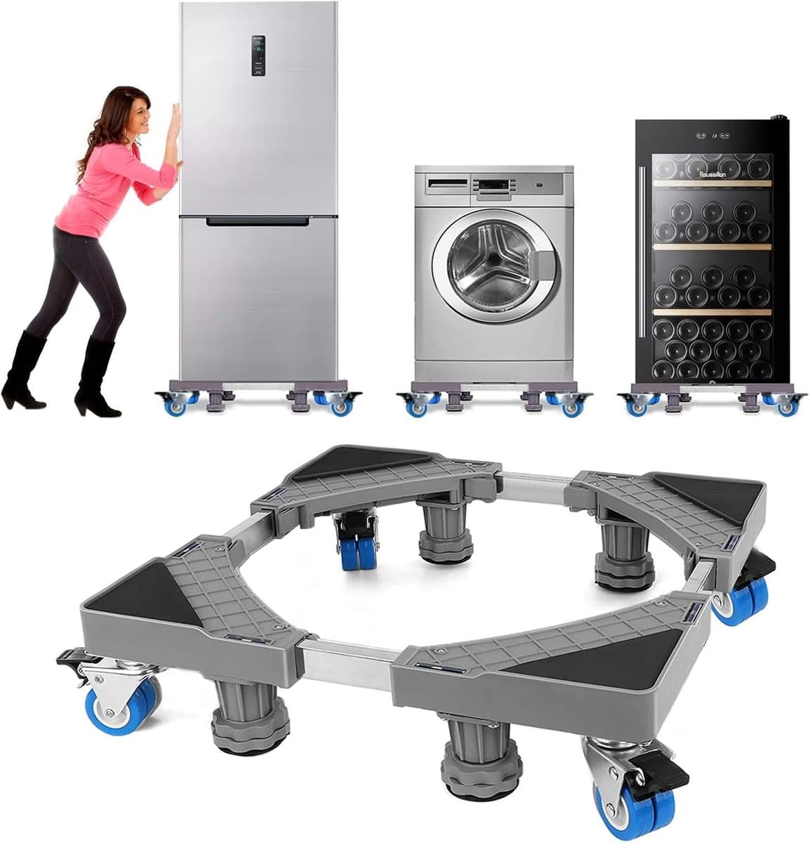 Trillingsdempers Wasmachine - Instelbare Onderstel voor Koelkast en Wasmachine (41,5cm-65cm), Met 4 Rollen en 8 Voeten, Geluid- en Schokdemper voor Droogmachine — afbeelding 1