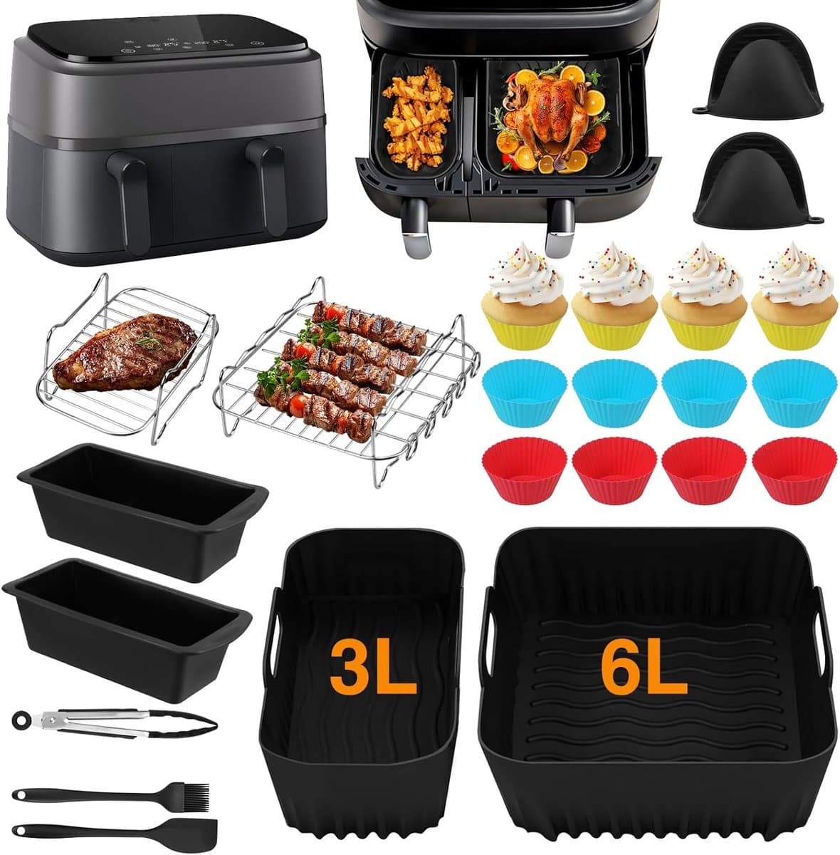 28 stuks Airfryer-accessoires, accessoireset Geschikt voor Philips Dual Basket Airfryer 3000/5000 serie (6 l/3 l), Dual Easy 5,2 l/3,1 l, siliconen vormen, grillrooster, bakvorm, keuken — afbeelding 1