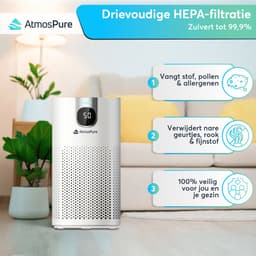 AtmosPure® CleanAir Luchtreiniger - Air Purifier met vervangbaar HEPA 13 + Koolstof filter - CADR 250 m³/h - Wit - Voor 98 m² - Filtert pollen, huisstofmijtallergenen en fijnstof - 3 standen + stille slaapstand - Luchtkwaliteit Sensor — thumbnail 10