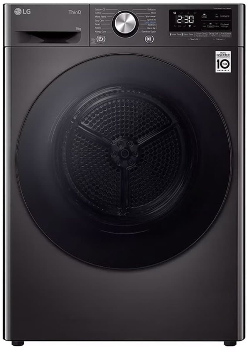 LG RH90V9ZVEN warmtepompdroger 9kg Zwart - Zelfreinigende condensor - Dual Inverter Heat Pump voor energiezuinig en zorgvuldig drogen - Eco Hybrid, sneller drogen of extra energiebesparing. Energieklasse A+++ — afbeelding 1