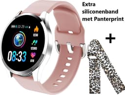 Belesy® BQSiZiPk - Limited edition - Smartwatch Dames - Smartwatch Heren - Horloge - Stappenteller - 1.3 inch - Kleurenscherm - 10x Sporten - INDOOR en OUTDOOR - Zilver - Siliconen - Roze - extra polsband Panterprint - Moederdag — thumbnail 9