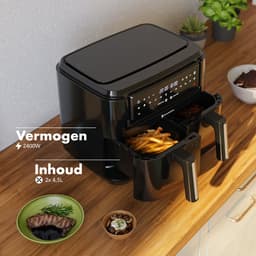 KitchenBrothers Dubbele Airfryer - PFAS-Vrij - 2400W - 9L - Heteluchtfriteuse - Dual Zone - Dubbele Mand - 50ºC tot 200ºC - 10 Kookprogramma's - Zwart — thumbnail 7