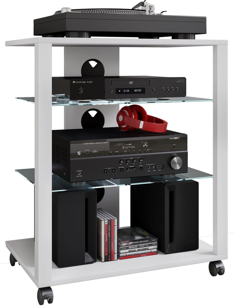 VCM hifi-kasten, platenspelerkast, stereokast, hifi-rekken, routerstandaard, hifi-rekken en -standaards, witte platenspelerstandaard, draaitafelstandaard met opbergruimte voor vinylplaten, platenspelermeubel, glazen tv-meubel, mediameubel — afbeelding 1