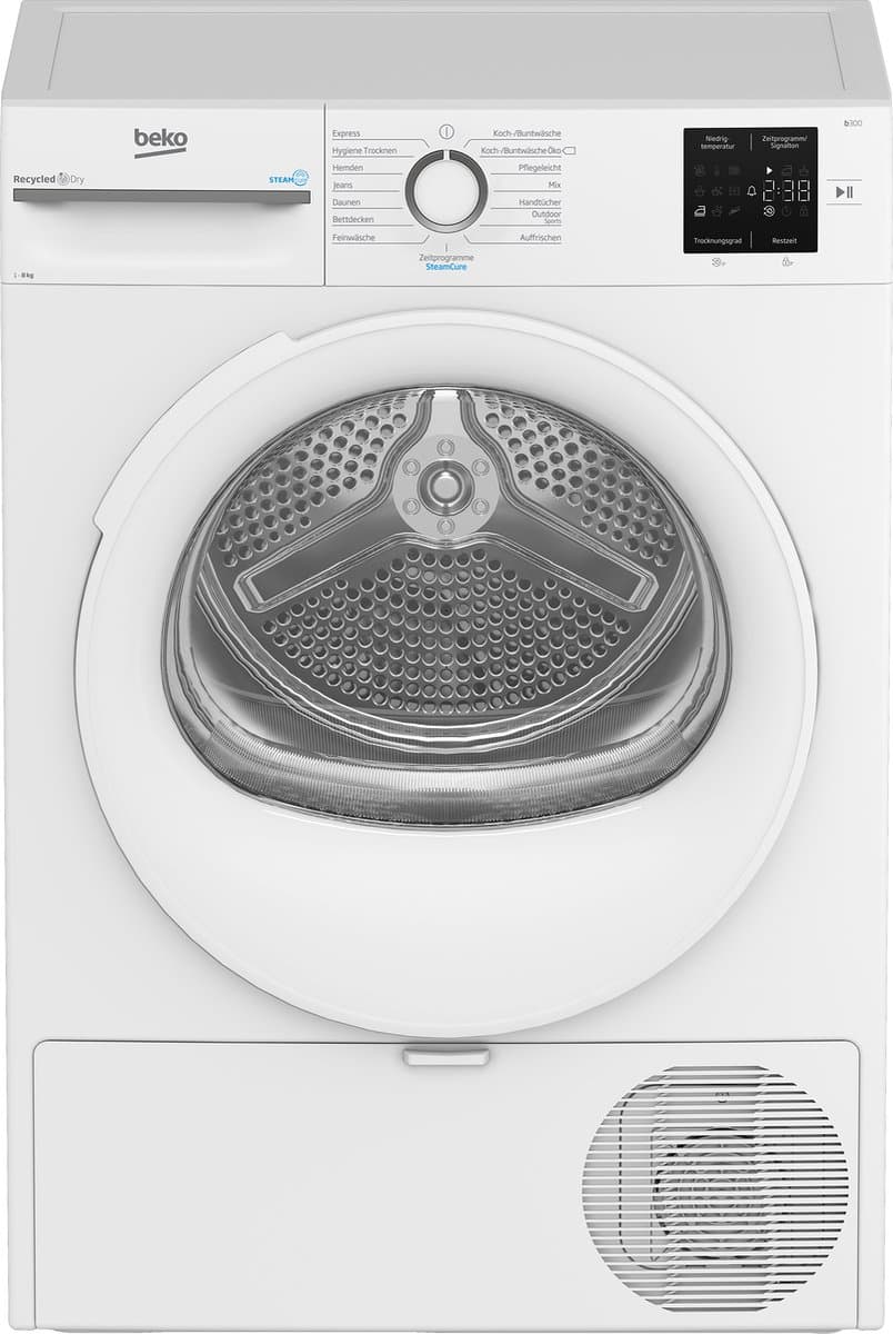Beko BM3T3829W, Vrijstaand, Voorbelading, Warmtepomp, Wit, Knoppen, Draaiknop, Transparant, Wit — afbeelding 1
