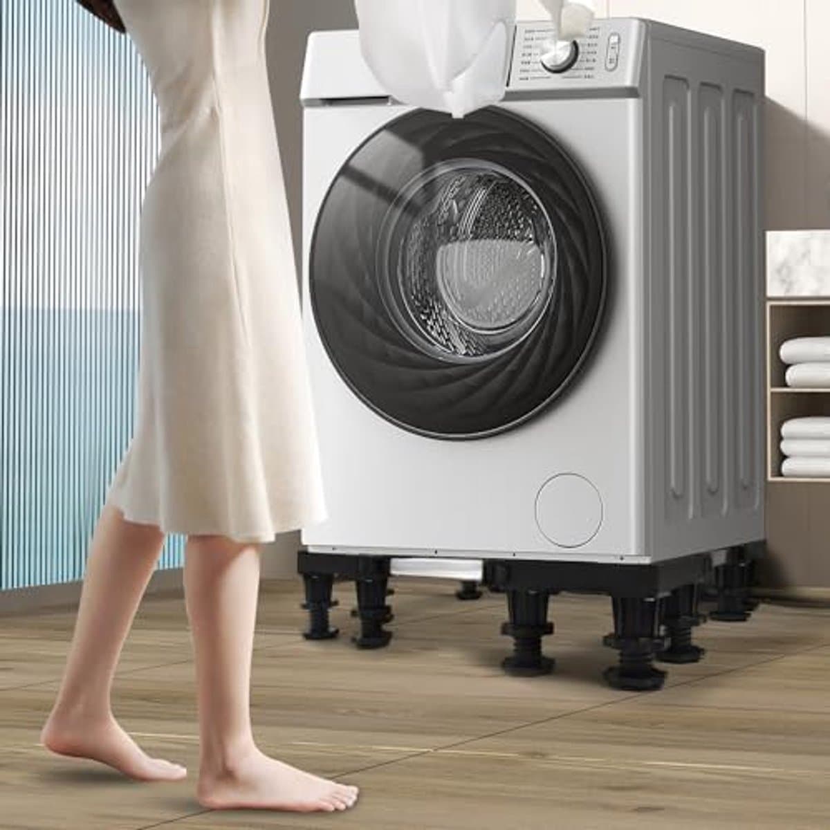 Wasmachine onderstel - 12 robuuste poten, Past perfect bij wasmachines, koelkasten en drogers - Verstelbaar en met hoge antislip en schokdemping — afbeelding 1