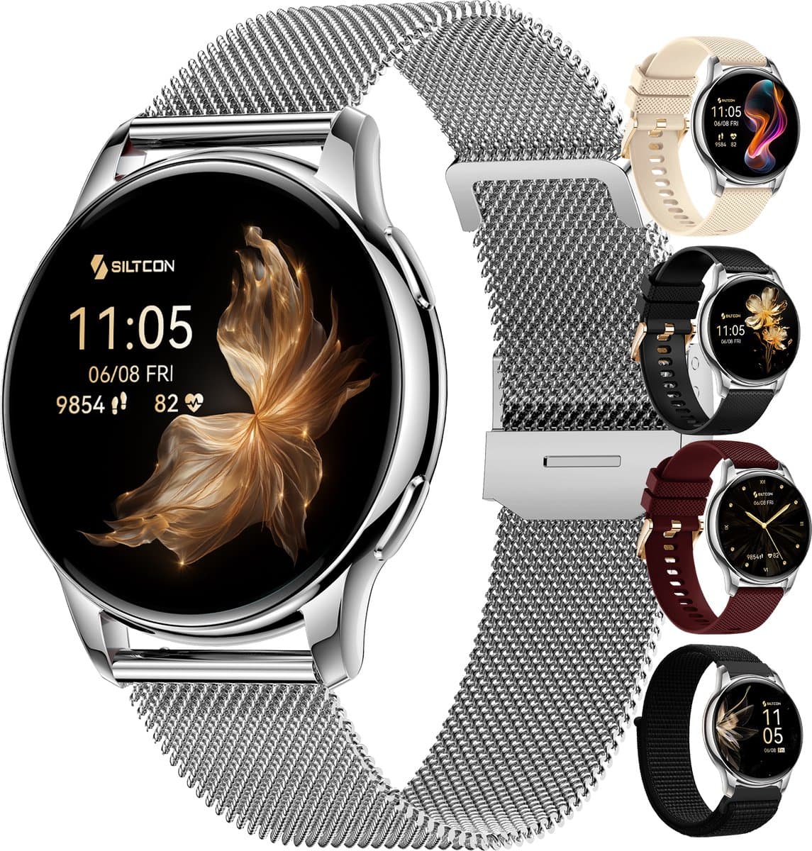 Siltcon® Auréa Smartwatch Dames & Heren - Horloge Dames - Stappenteller Horloge Dames - Hartslagmeter - Slaapmonitor - Saturatiemeter - Geschikt voor iOS/Android - AMOLED - RVS - Elke pols - Incl. 5 Bandjes — afbeelding 1