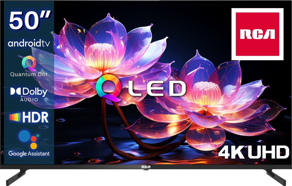 RCA RAQ50UN1 50 inch 4K QLED Smart TV – Android TV – Dolby Audio – Google Assistant – Chromecast – HDR – WiFi & Bluetooth – 127 cm – Randloos Design — afbeelding 1