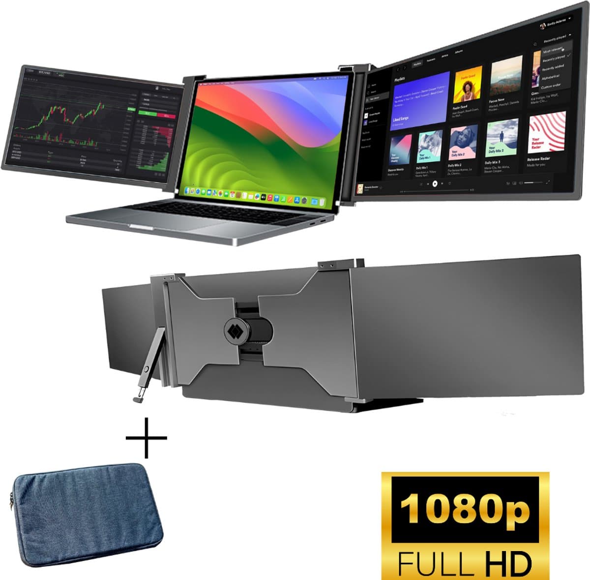 HoriVue Portable Monitor Max 15.6 Inch - Triple Screen - Full HD 60Hz - Draagbare Monitor - Extra Scherm Laptop - Laptop Scherm Uitbreider - Plug & Play - Geschikt voor Apple en Windows - Inclusief Beschermhoes - Tri Screen — afbeelding 1