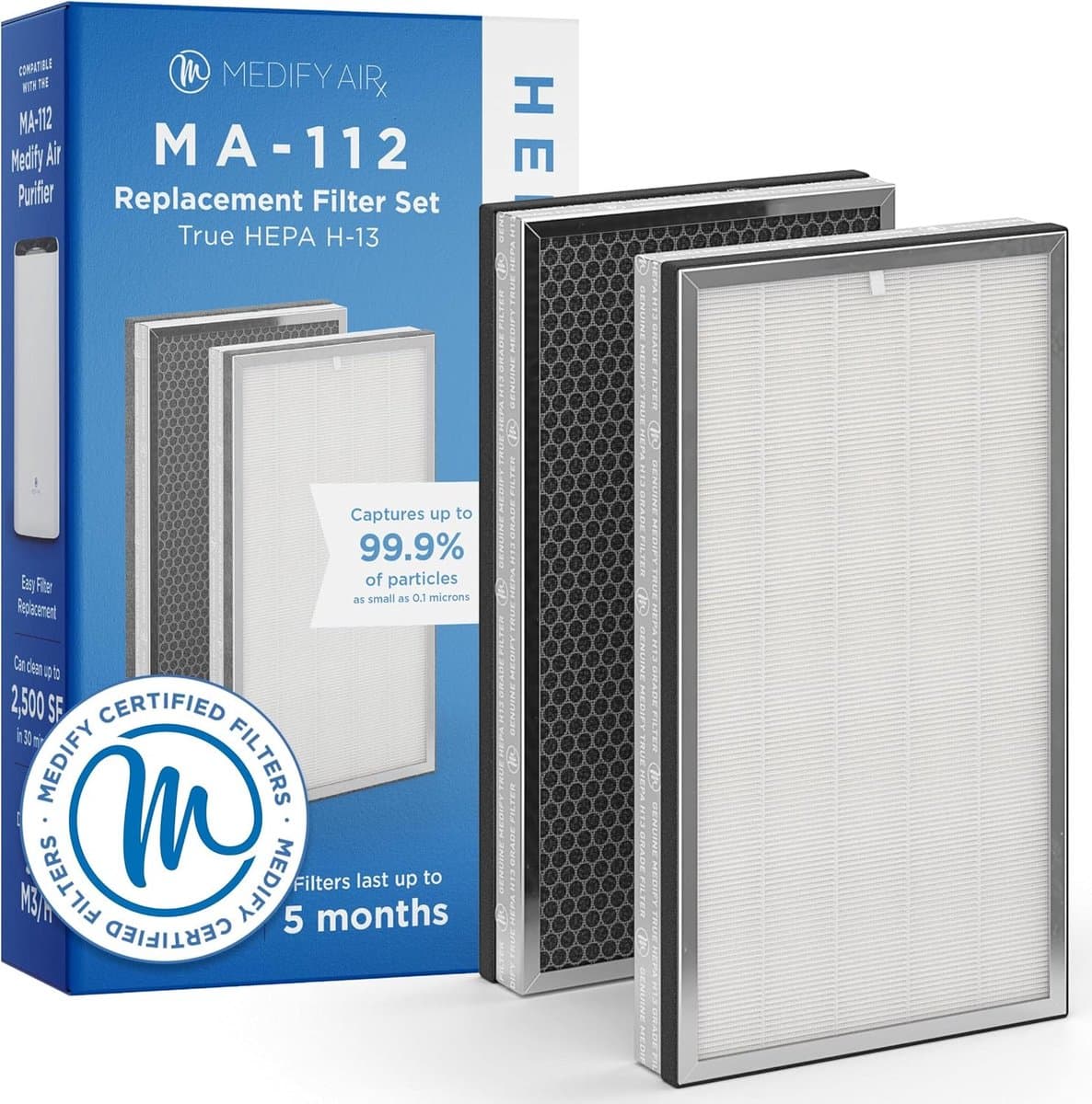 Medify Air MA-112 Vervangingsfilter – HEPA Filter H13 – 1 Set Vervanging met 2 Luchtfilters – Actieve Koolstof – Luchtzuivering — afbeelding 1