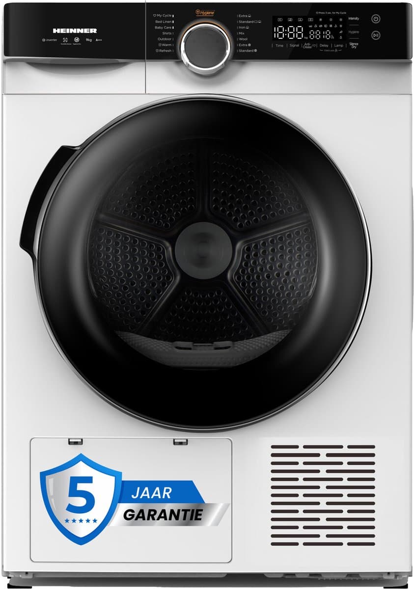 Heinner HHPD-M9K3A+++ Warmtepompdroger 9 Kg – 14 Droogprogramma’s – LED-Display – Touchbediening – Anti-Kreuk – Kinderslot – Wit – 5 Jaar Garantie — afbeelding 1