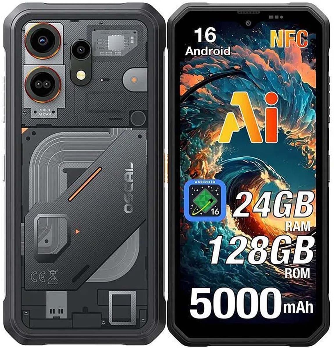 OSCAL MARINE 3 Robuuste Smartphone - 24GB RAM+128GB ROM - 5000mAh Robuuste Telefoon - 6,56 Inch - IP68 IP69K - Dual SIM 4G - Android 16 - BT5.0 - NFC GPS - Zwart — afbeelding 1
