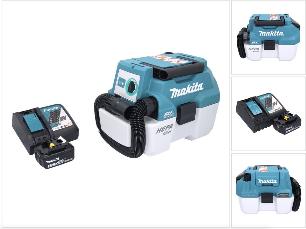 Makita DVC 750 LRT1 accustofzuiger LXT 18 V 67 mbar 7,5 l borstelloos + 1x accu 5,0 Ah + oplader — afbeelding 1