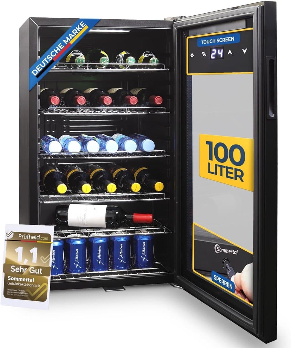 Sommertal koelkast - Stille drankkoelkast met led, touchscreen en slot - Kleine flessenkoelkast - zwart - Energieklasse F — afbeelding 1