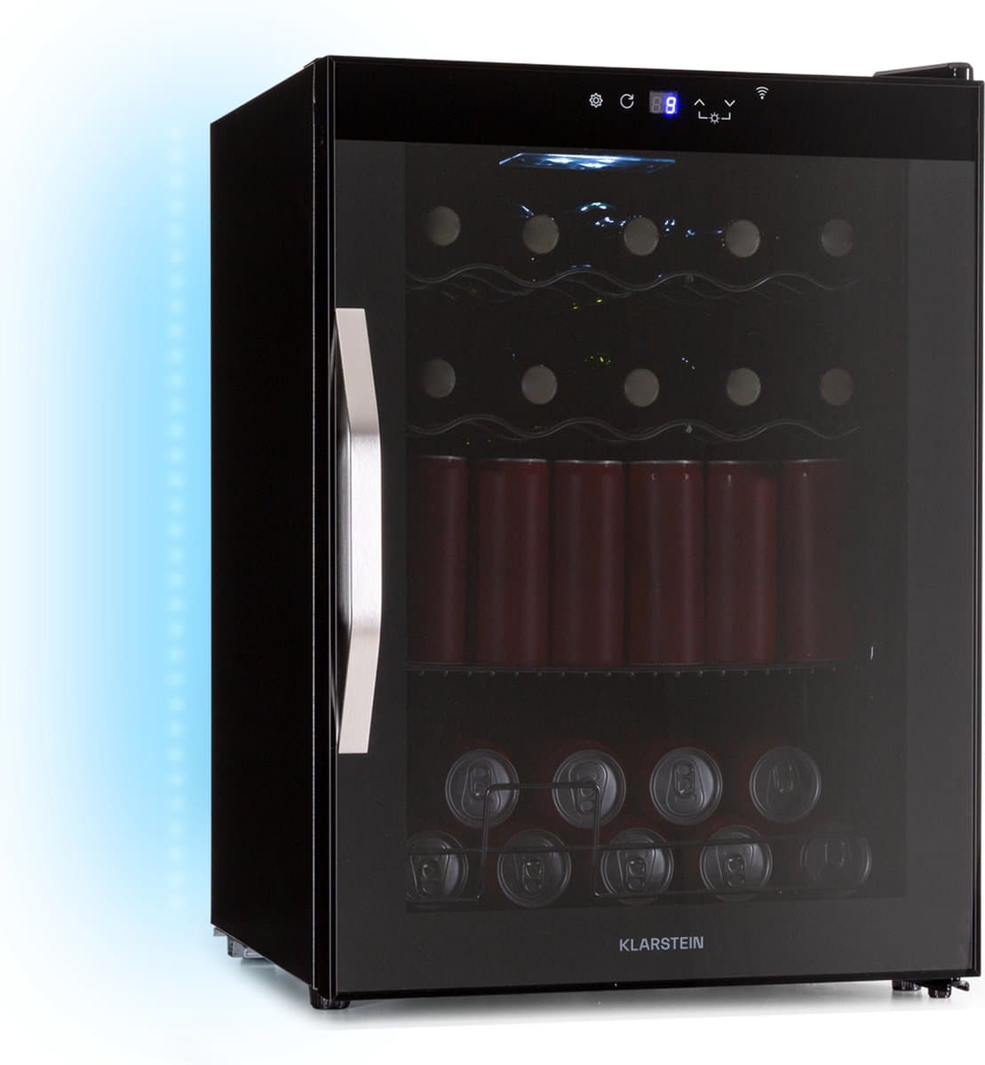 Klarstein Drankkoeler Coachella 60 - 60 liter drankkoeler met wifi, glazen deur, ledverlichting, 3-18 °C, 3 metalen schappen, gebalanceerd licht, energie-efficiëntieklasse E, zwart - Drankkoelkast Drankenkoelkast - Touch - RVS — afbeelding 1