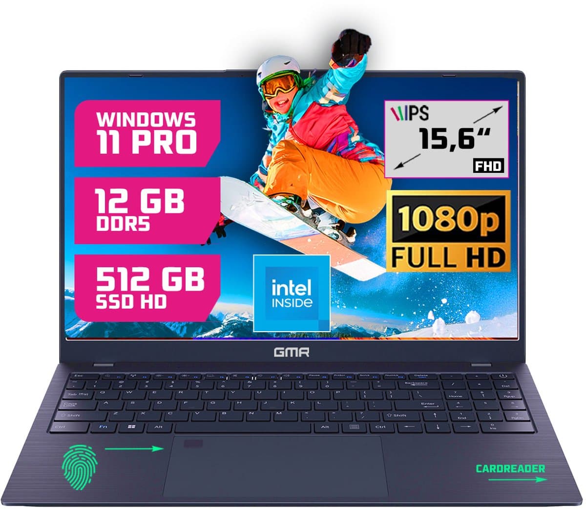 GMR - 15.6 Inch Full HD Laptop - Intel N95 - 12GB DDR5 RAM - 512GB SSD - Windows 11 Pro voor Thuis, Office en Studie notebook — afbeelding 1