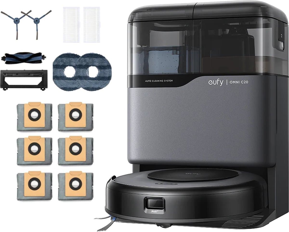 eufy Clean Omni C20 Robotstofzuiger met reinigingsstation en Vervangingssets - Robot Vacuum - 7.000 Pa Zuigkracht, Ronddraaiende Dweilpads, Met Objectdetectie, 8,5 cm Ultraplat Design, Zwart — afbeelding 1
